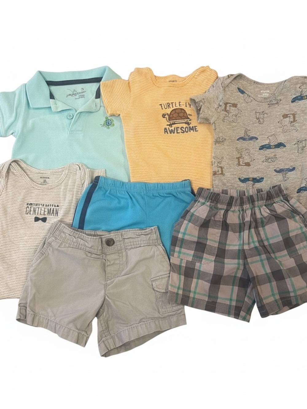 12M Baby Boy Spring & Summer Bundle Polo Bodysuit, Plaid Shorts, & Animal Prints